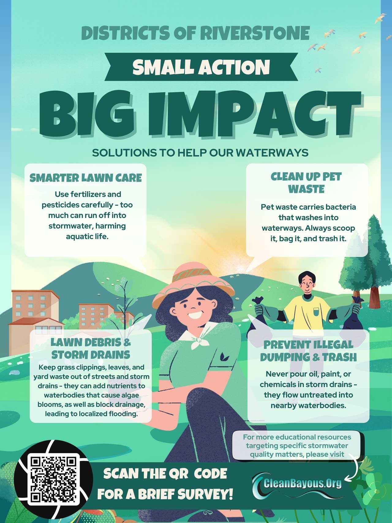 Poster promoting waterway protection: “Small Action, Big Impact.” Tips include careful lawn care, picking up pet waste, keeping debris out of drains, and preventing dumping, plus a QR code for a survey.